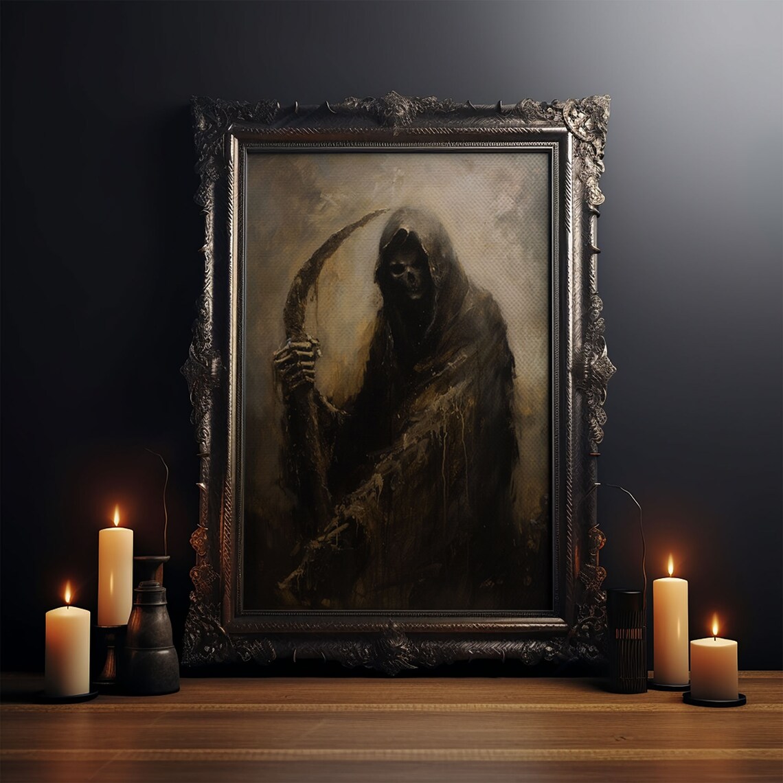 Grim Reaper Scythe Dark Gothic Sepia Oil Painting Horror Poster - Image 4