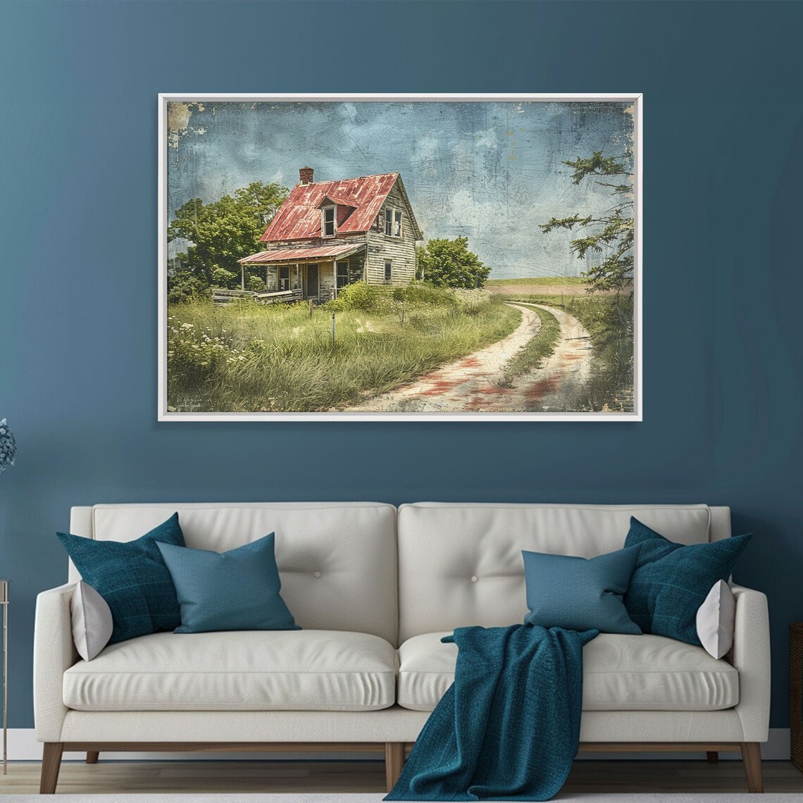 Old Farmhouse Red Tin Roof Winding Dirt Road Tall Grass Vintage Poster - Image 4