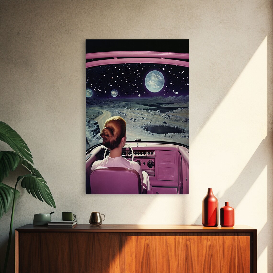 Retro 1950s Sci-Fi Woman Driving Pink Car Lunar Landscape Space Poster - Image 4
