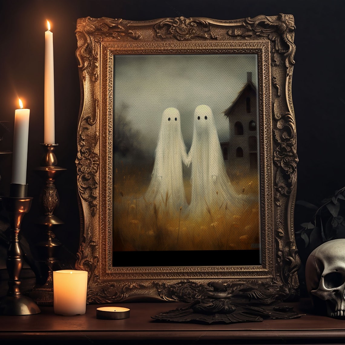 Two Cute Ghosts Holding Hands In Golden Field By Haunted Barn Poster - Image 5