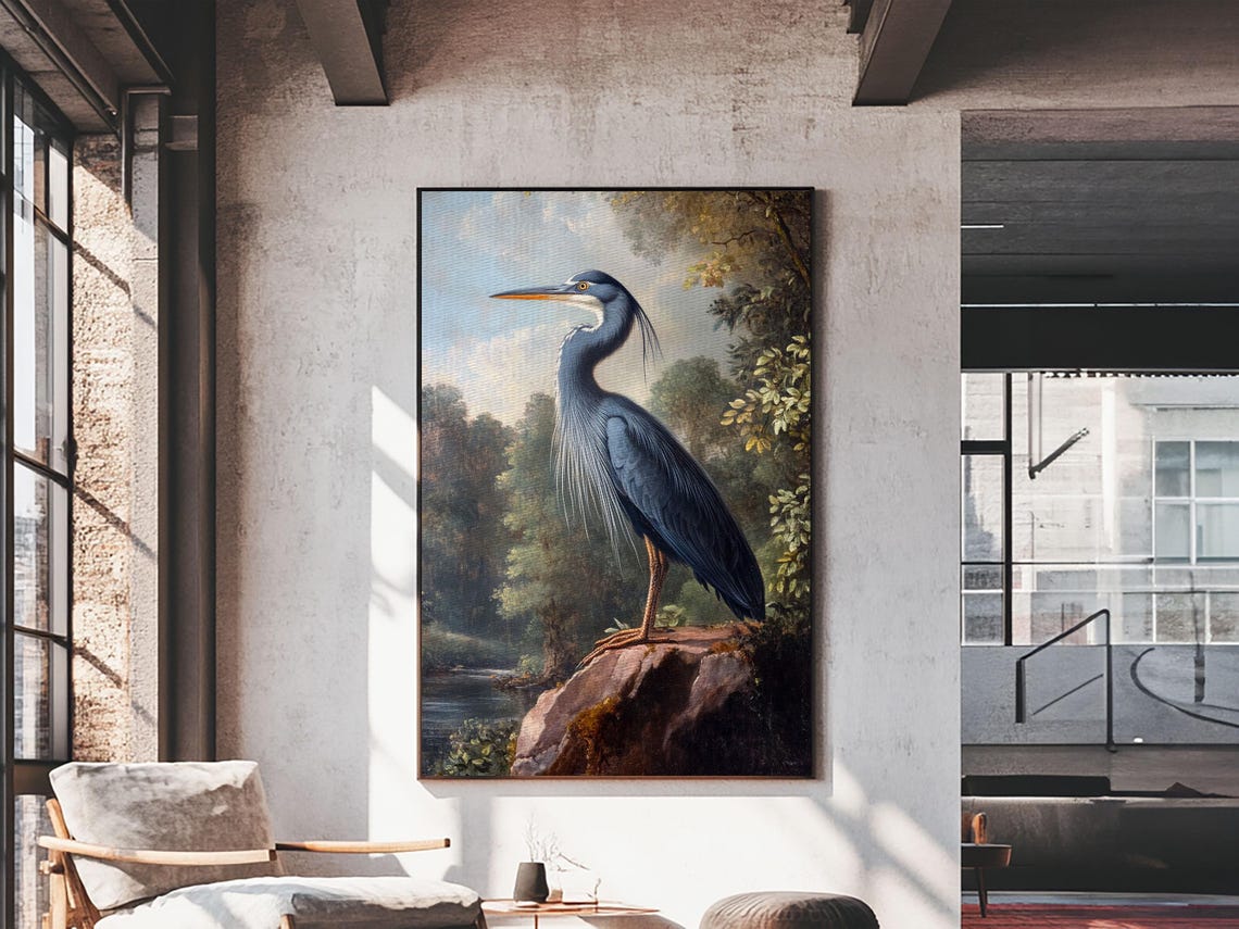Great Blue Heron Standing on Rock River Landscape Wildlife Art Print - Image 6