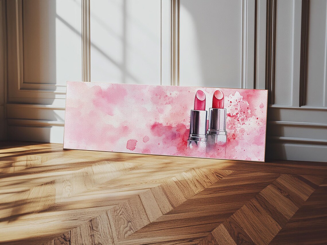 Pink Lipstick Duo Silver Tubes Watercolor Beauty Still Life Panoramic Art Poster