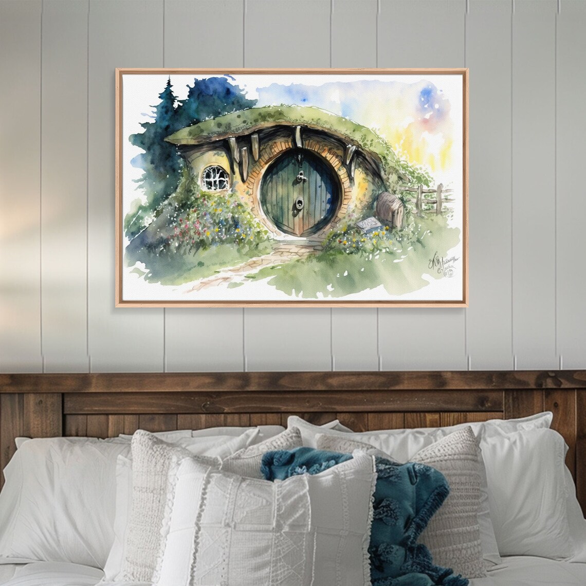 Round Door Hobbit Style Burrow House Watercolor Fantasy Garden Print - Image 5