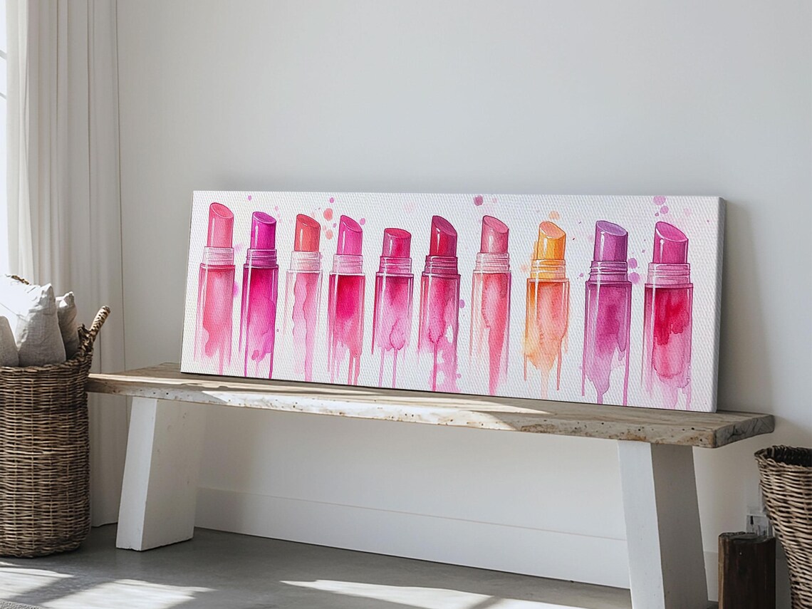 Pink Magenta Lipstick Shades Row Watercolor Panoramic Beauty Canvas Poster - Image 3