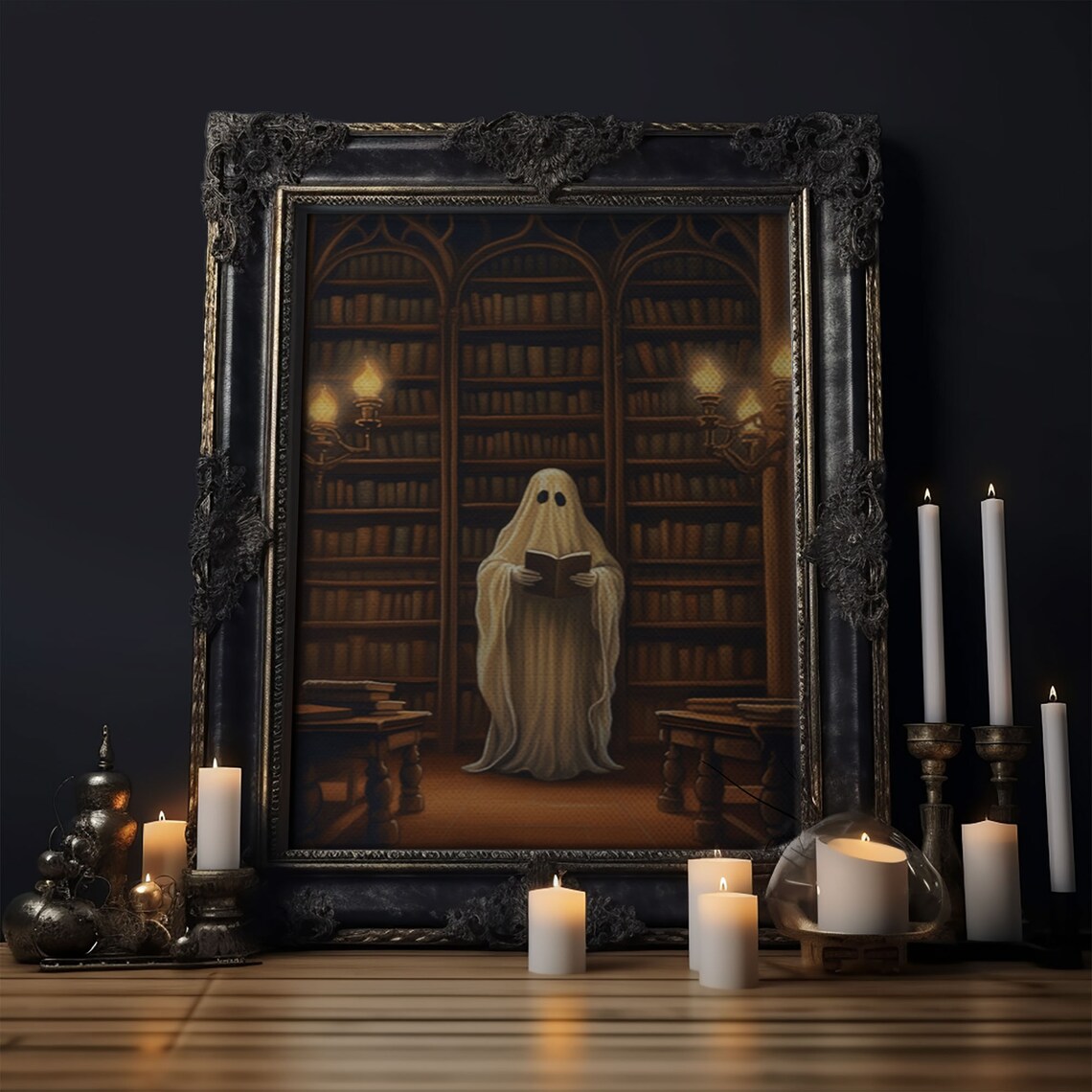 Spooky Bookshop Ghost Halloween Wall Art Print