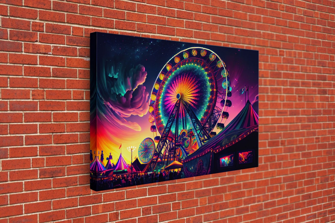 Synthwave Carnival Neon Ferris Wheel Night Sky Colorful Poster - Image 3