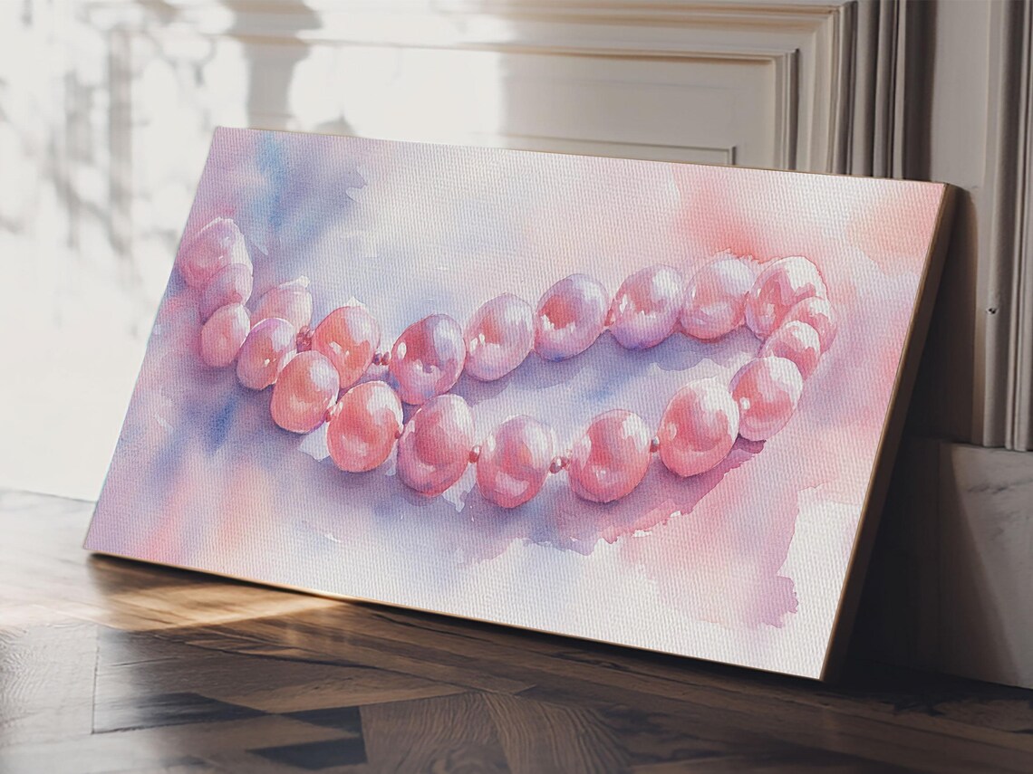 Pink Pearl Necklace Wide Horizontal Soft Watercolor Jewelry Wall Art - Image 5