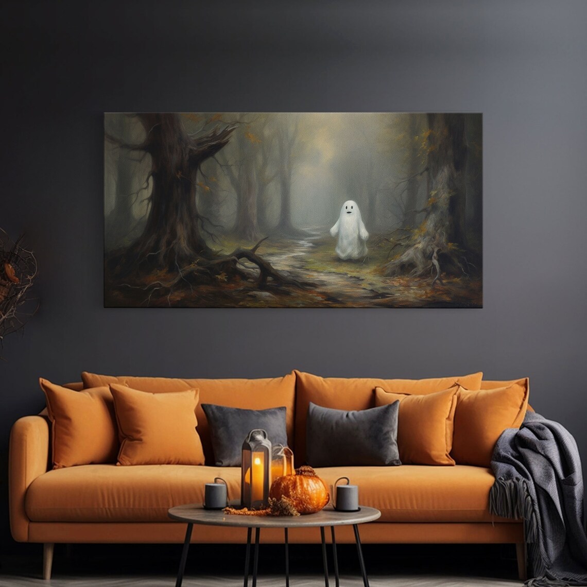 Cute Lil Boo Little Ghost Misty Forest Path Sweet Halloween Wall Art Poster - Image 3
