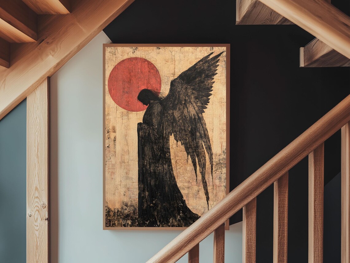 Dark Gothic Angel Silhouette Red Moon Moody Wings Vintage Art Poster - Image 2