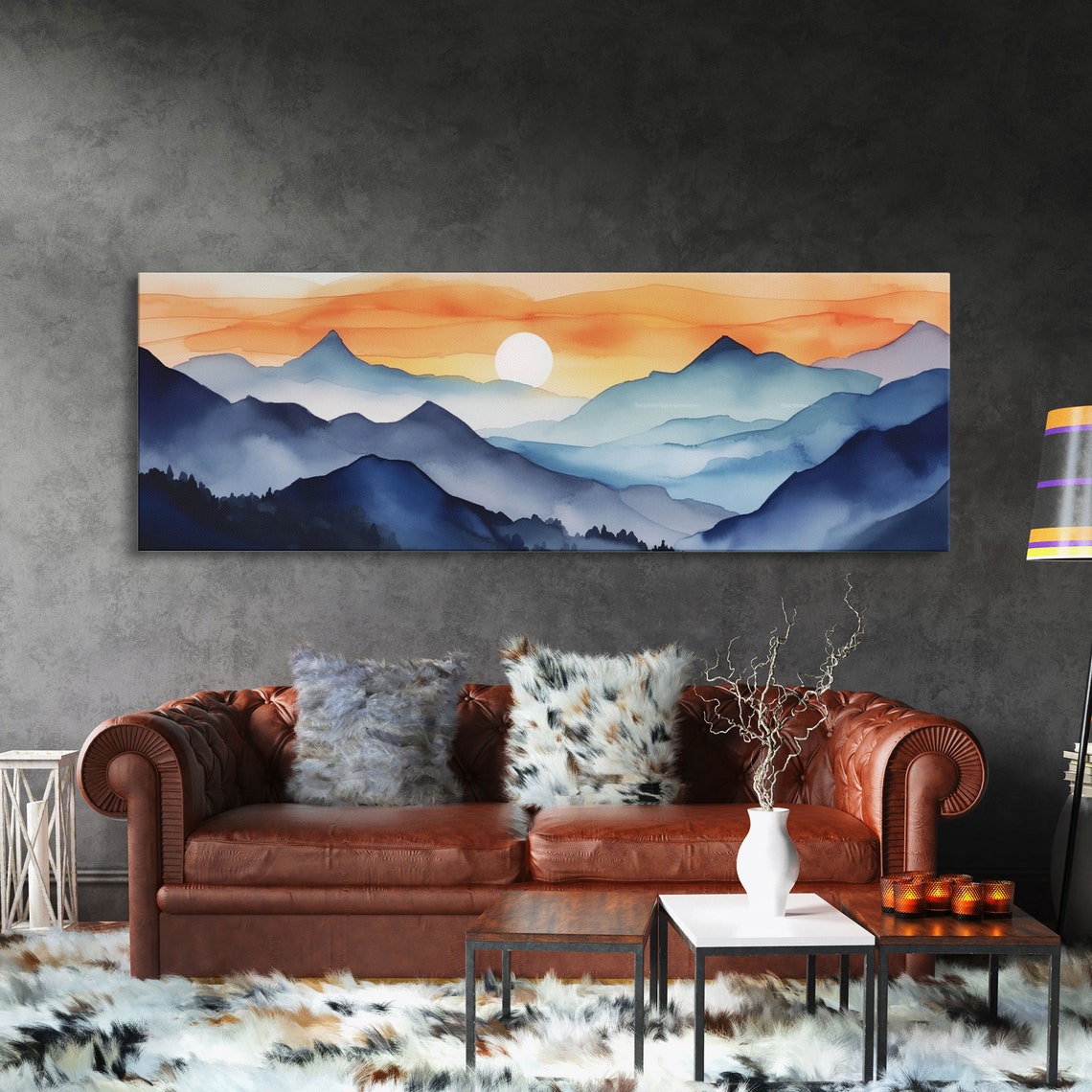 Blue Mountain Ranges Sunset Watercolor Layered Panoramic Poster - Image 3