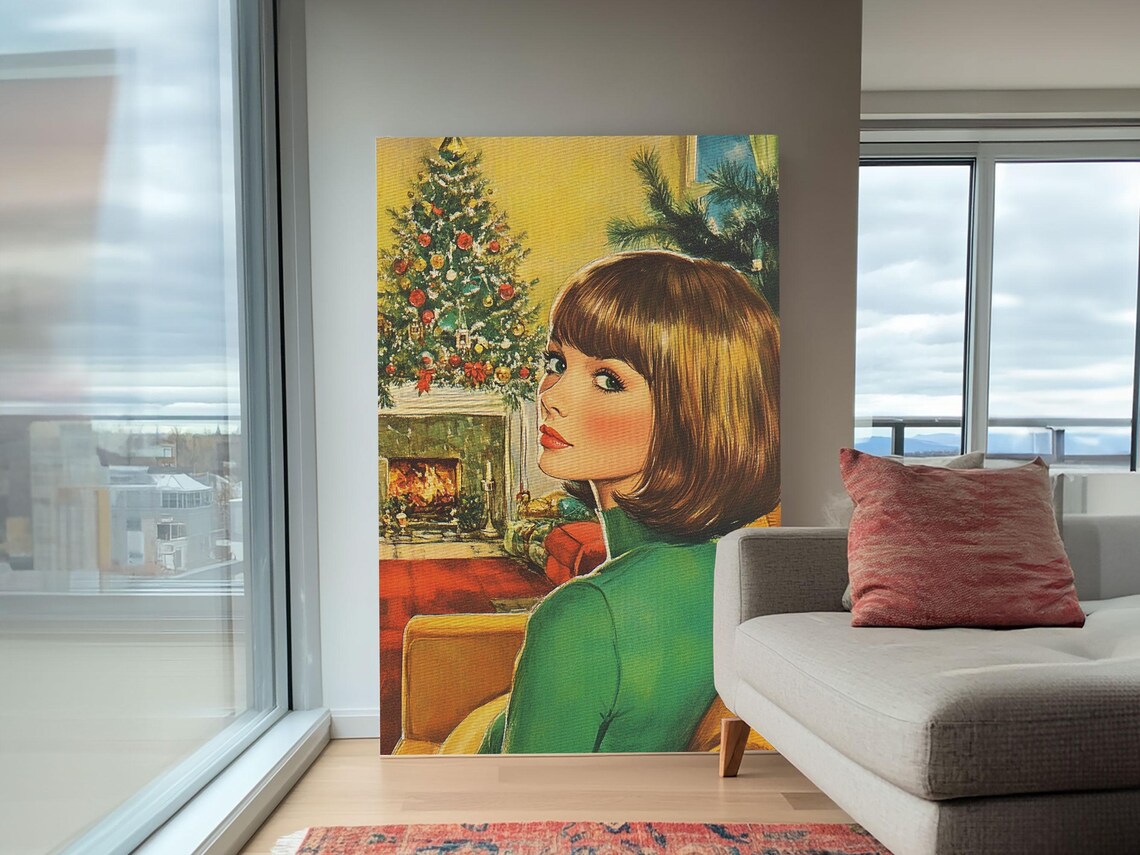 Retro 1950s Christmas Portrait Woman By Fireplace Vintage Holiday Art - Image 4