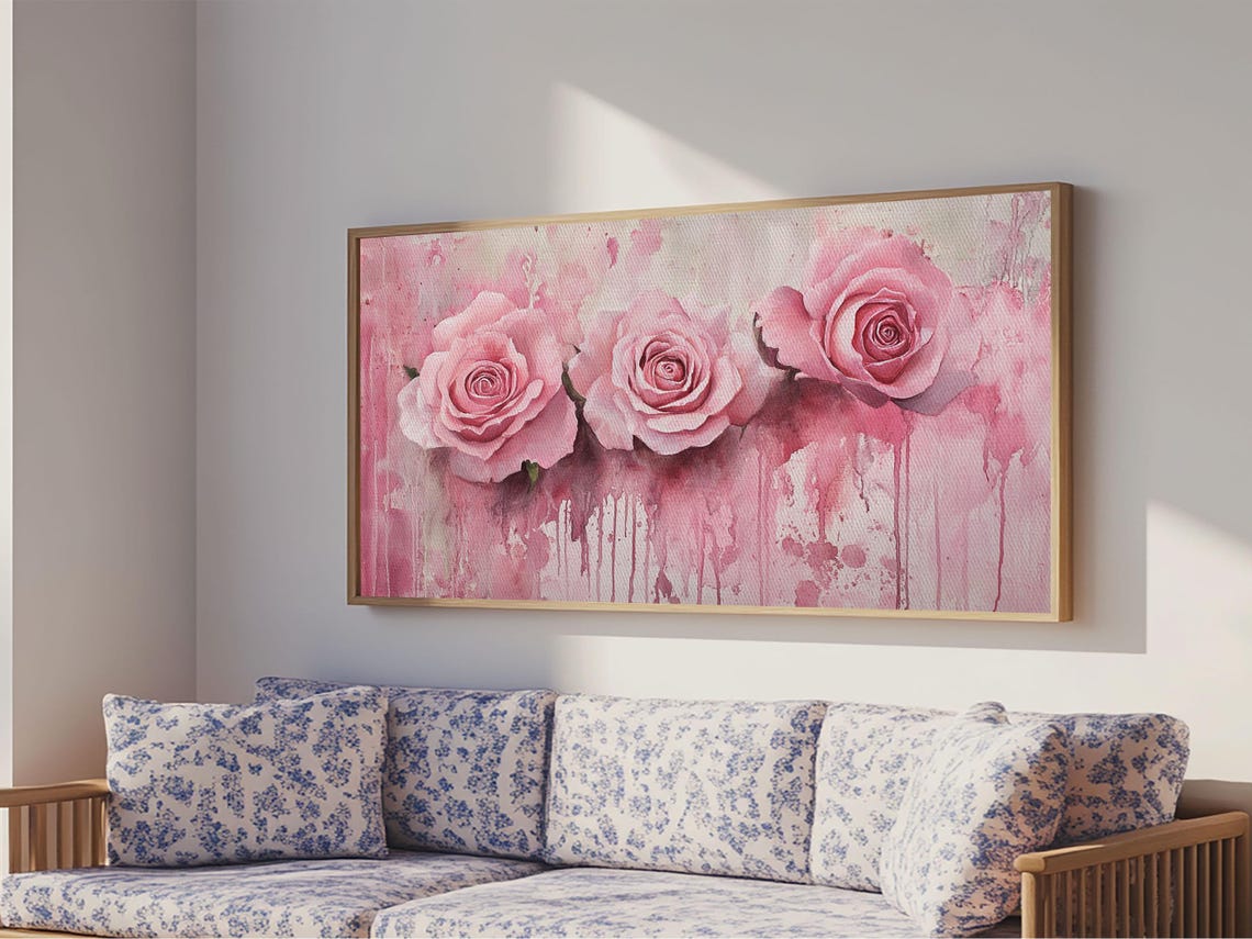 Blush Pink Roses Trio Watercolor Drip Floral Romantic Wall Poster - Image 2