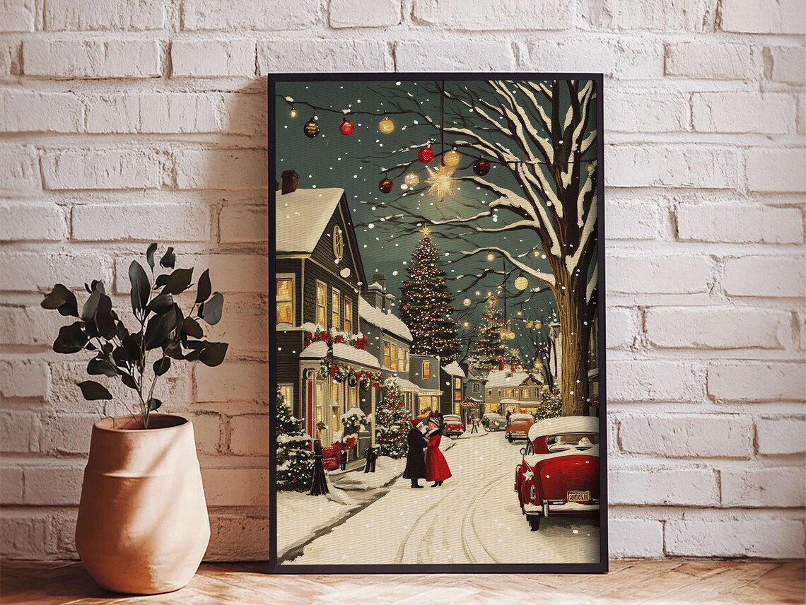 Vintage Christmas Village Street Snowy Night Ornament Light Poster - Image 5