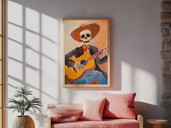 Skeleton Cowboy Guitar Player Dia De Muertos Folk Art Wall Poster