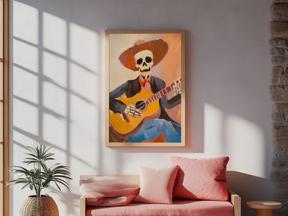 Skeleton Cowboy Guitar Player Dia De Muertos Folk Art Wall Poster
