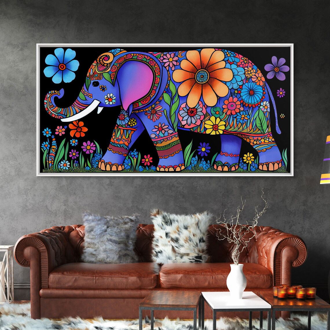 Elephant Abstract Art Print with Flowers, Indian Style