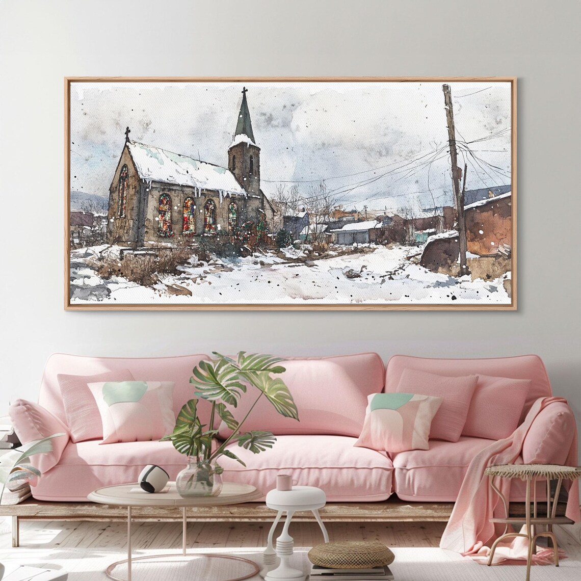 Snowy Old Stone Village Church Stained Glass Winter Art Print - Image 6
