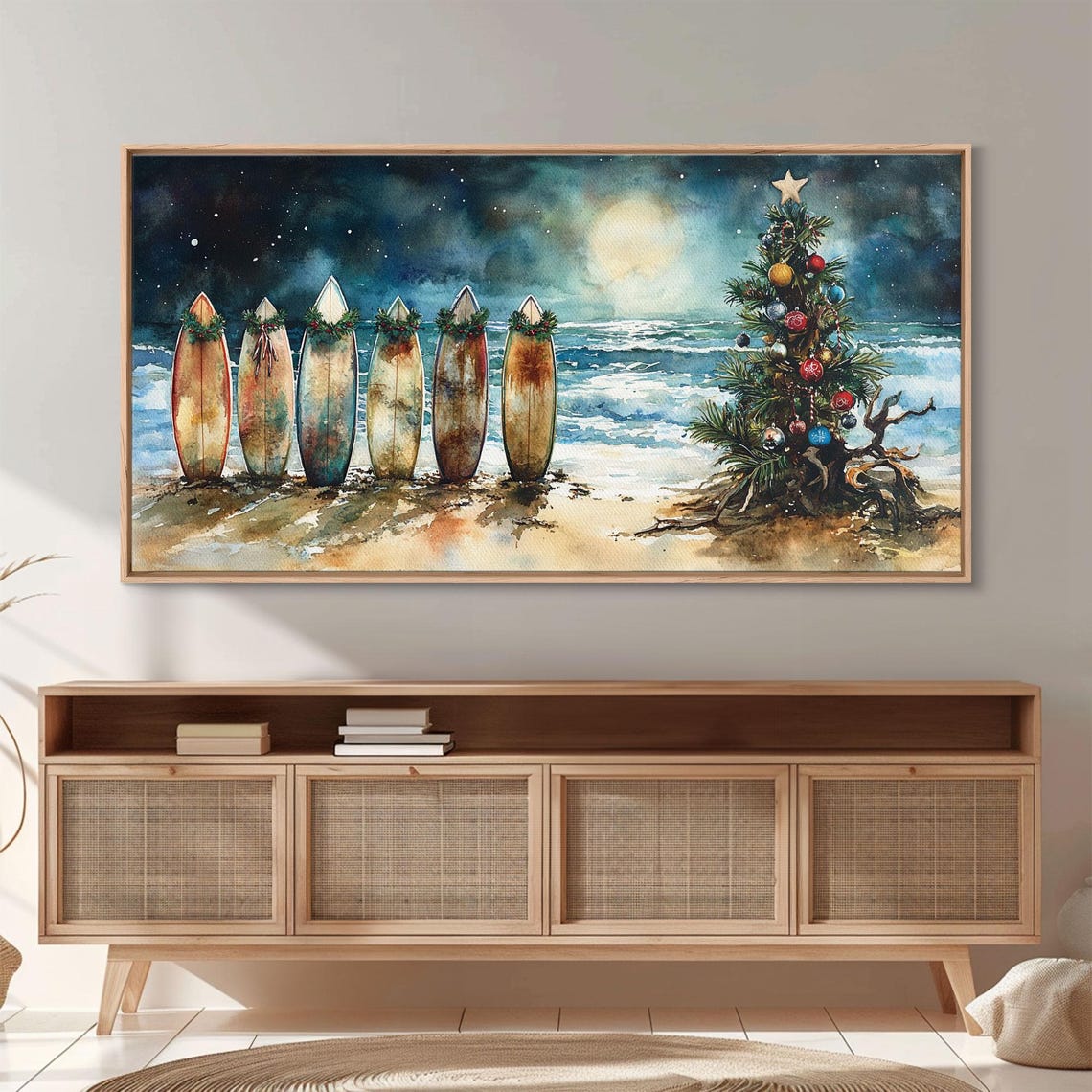 Christmas Surfboards Night Beach Moonlit Ocean Holiday Tree Art Poster - Image 6