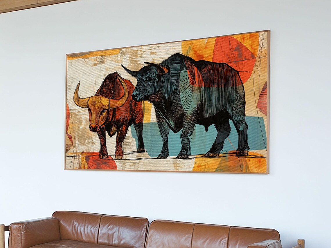 Geometric Bull Duo Abstract Rustic Farmhouse Above Sofa Wall Art Print - Image 2