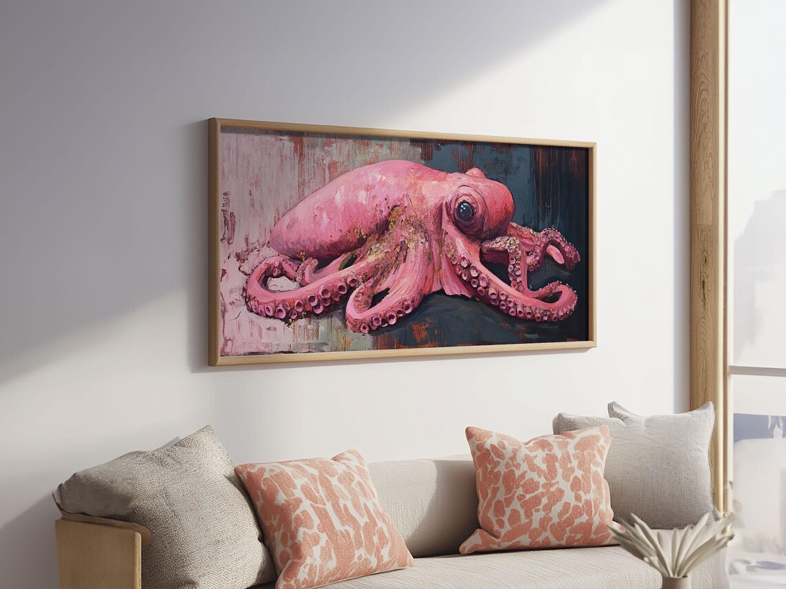 Pink Octopus Framed Print Wabi Sabi Style Minimalist Wall Art Octopus Painting