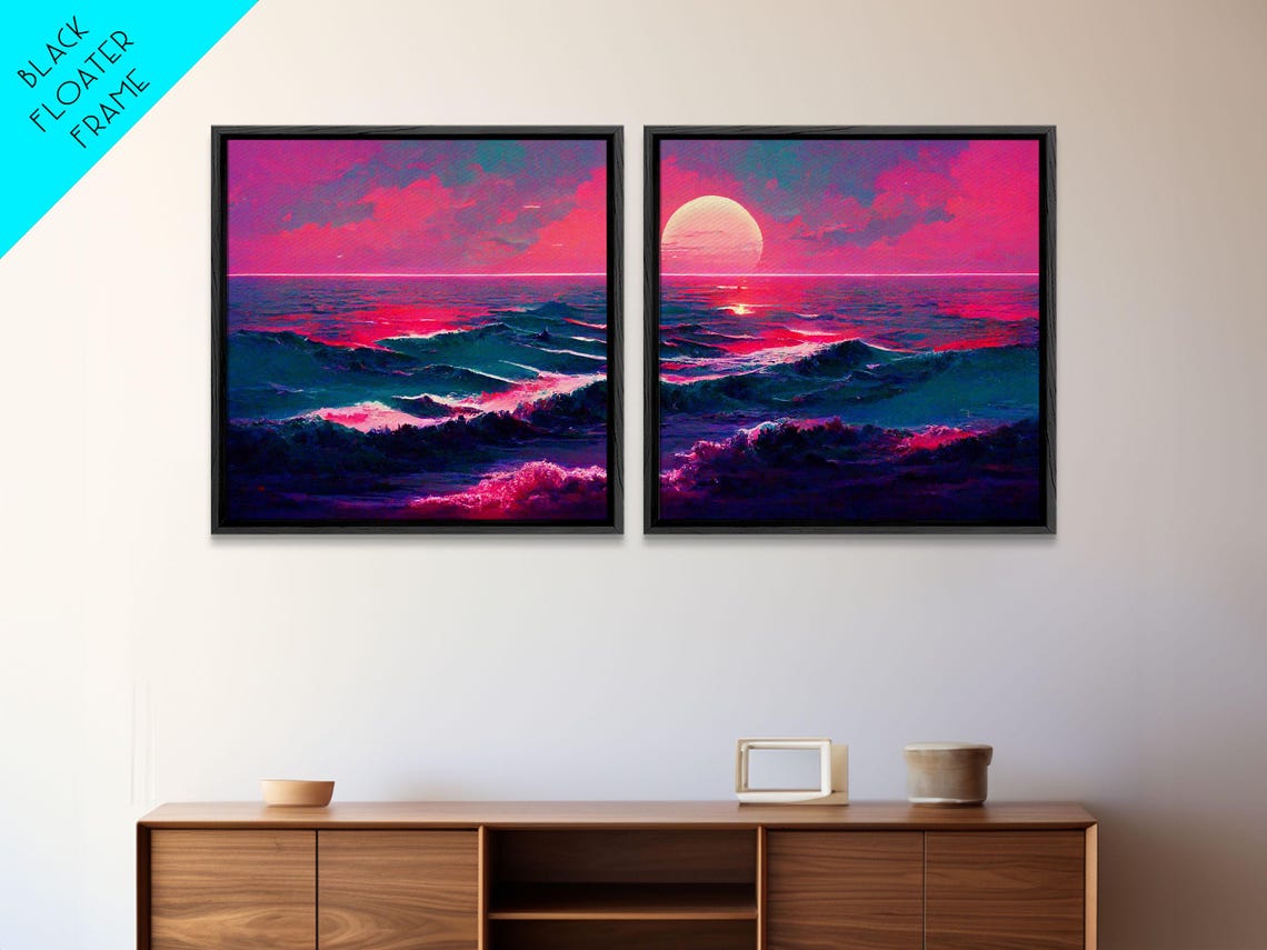 Synthwave Ocean Sunset Two Piece Retro Neon Pink Outrun Wall Art - Image 4