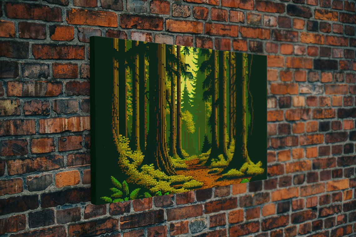 Pixel Art Forest Tall Green Trees Mossy Path Retro 8 Bit Print - Image 5