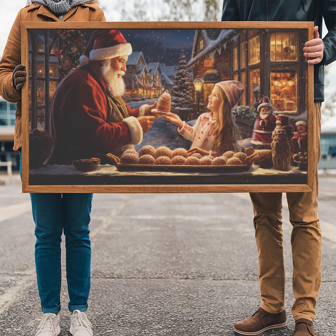 Santa Claus Handing Cake To Little Girl At Christmas Market Poster - Image 3