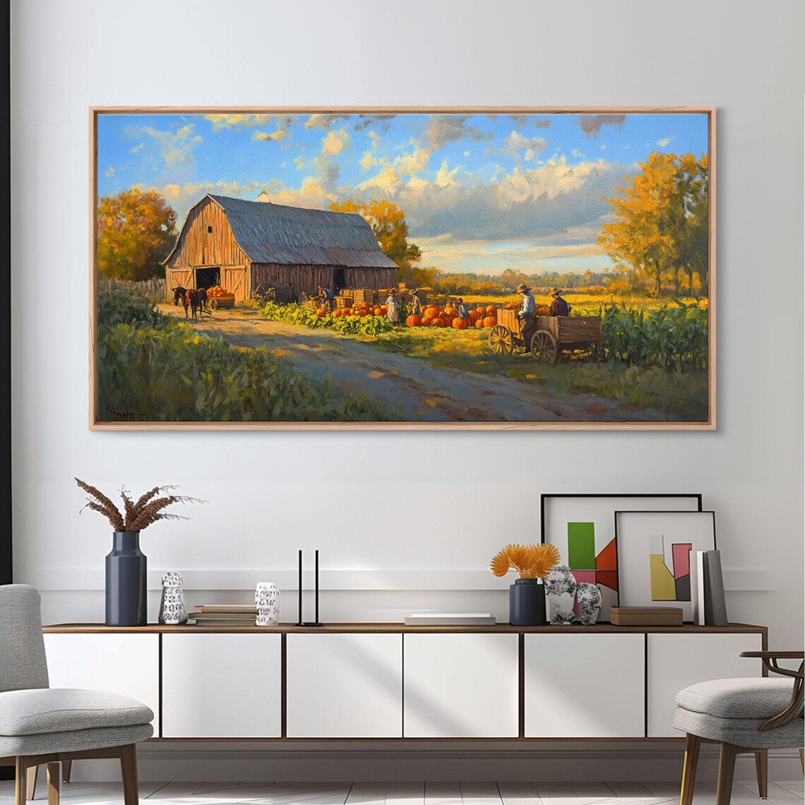 Autumn Barn Pumpkin Harvest Scene Horse Wagon Golden Fields Fall Print - Image 5