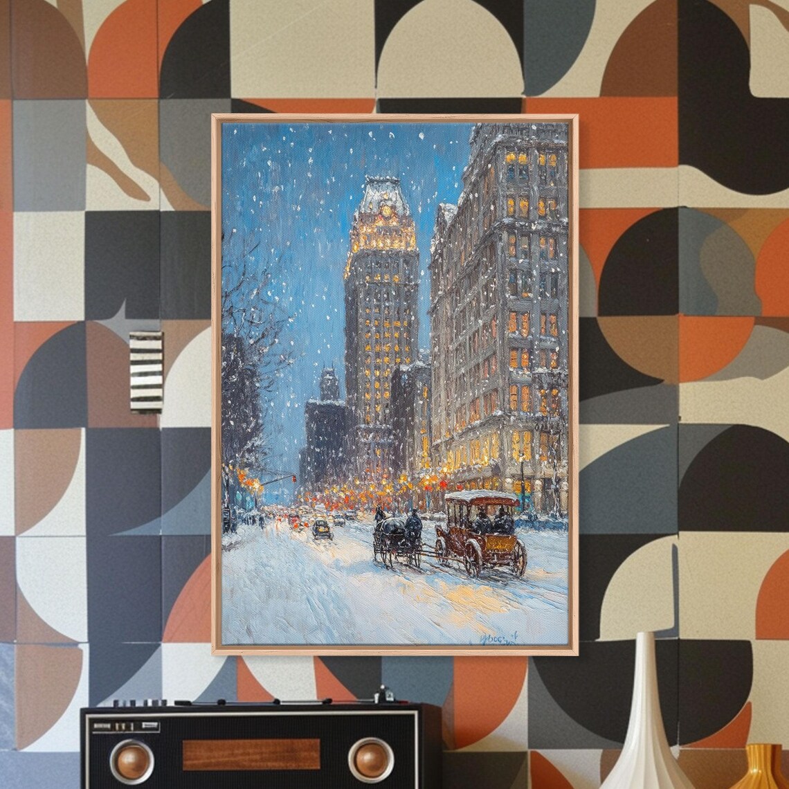 Snowy City Avenue Night With Horse Carriages In Falling Snow Poster - Image 4