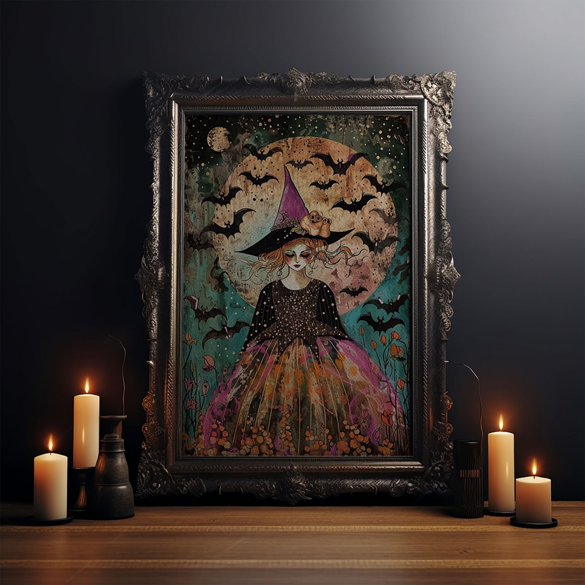 Whimsical Witch With Bats Under Full Moon Cute Pink Dress Art Poster - Image 4
