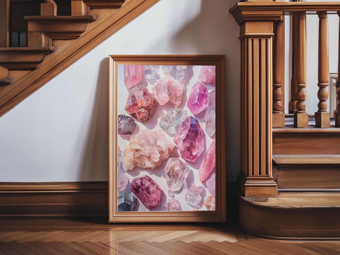 Pink Amethyst Crystal Gemstones Watercolor Art Print Boho Wall Poster
