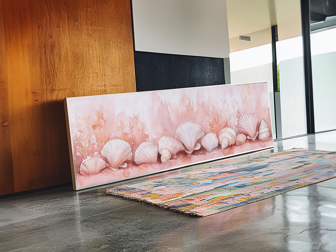 Blush Pink Seashells Row Watercolor Coastal Beach Panoramic Canvas Art Poster - Image 6