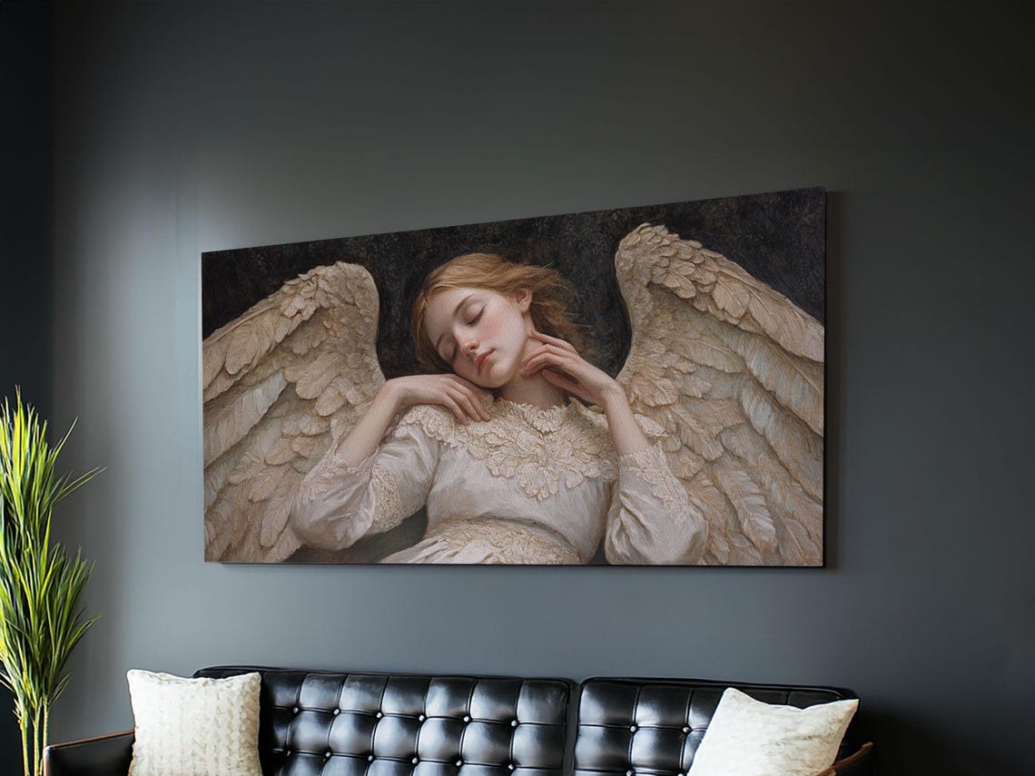 Sleeping Angel Feathered Wings Peaceful Renaissance Style Poster - Image 3