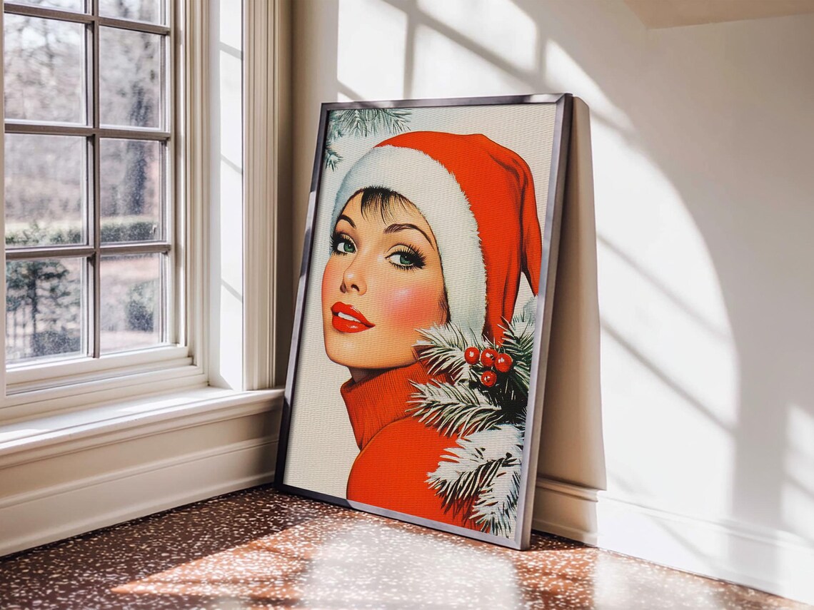 1950s Christmas Pin Up Woman In Santa Hat Retro Holiday Wall Art - Image 2