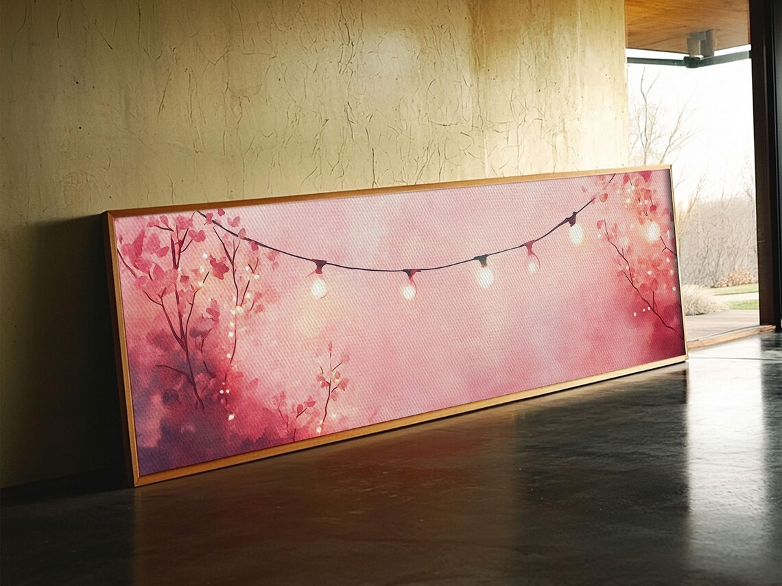 Blush Pink Fairy Lights String Watercolor Cozy Horizontal Wall Art Poster - Image 5