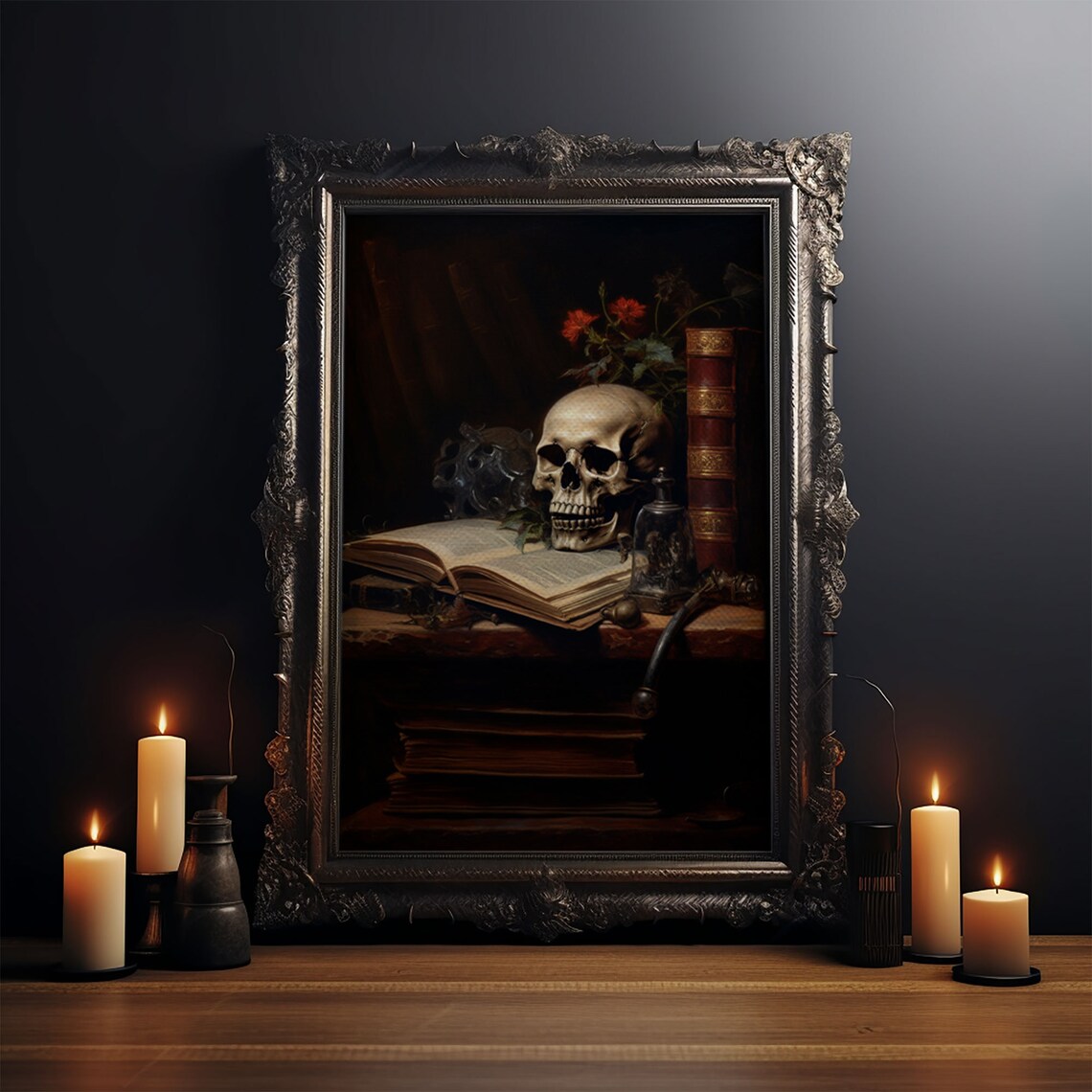 Victorian Bookshelf With Skull, Vintage Gothic Art Print - Image 3