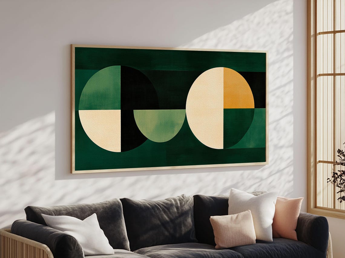 Abstract Wall Art Emerald Green Geometric Print Large Framed Modern Art Mid Century Abstract Home Decor Minimalist Statement Piece
