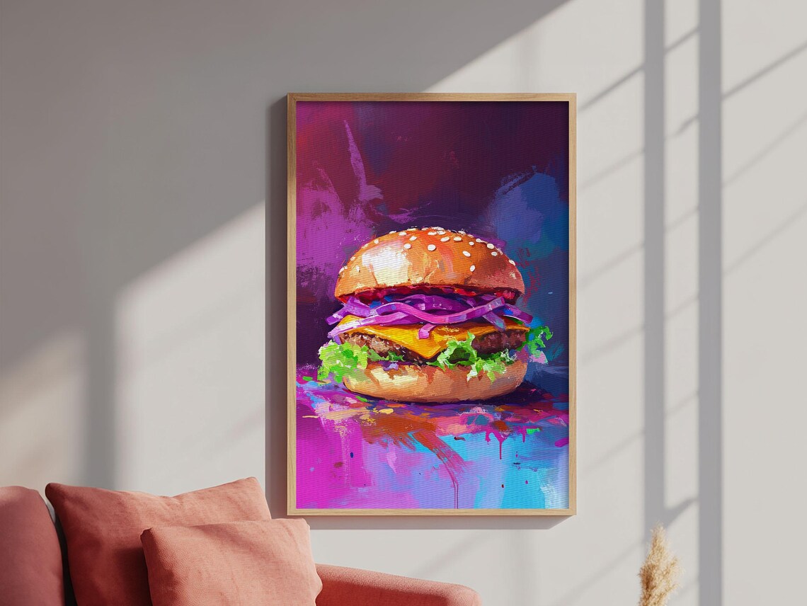 Pop Art Cheeseburger Neon Purple Kitchen Food Painting Art Print - Image 2