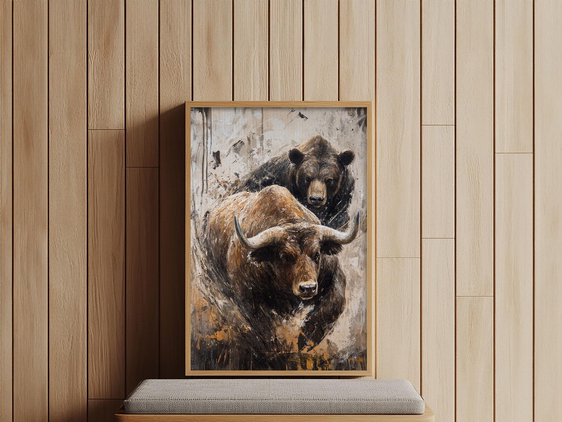 Longhorn Bull Bear Standing Together Rustic Wild Animal Art Wall Poster - Image 5