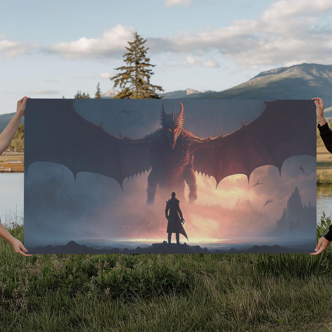 Warrior Facing Giant Dragon Misty Battlefield Epic Fantasy Wall Poster