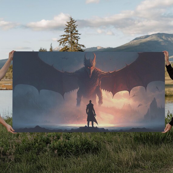 Warrior Facing Down A Dragon Framed Print Unique Fantasy Wall Art In The Time Of Dragons