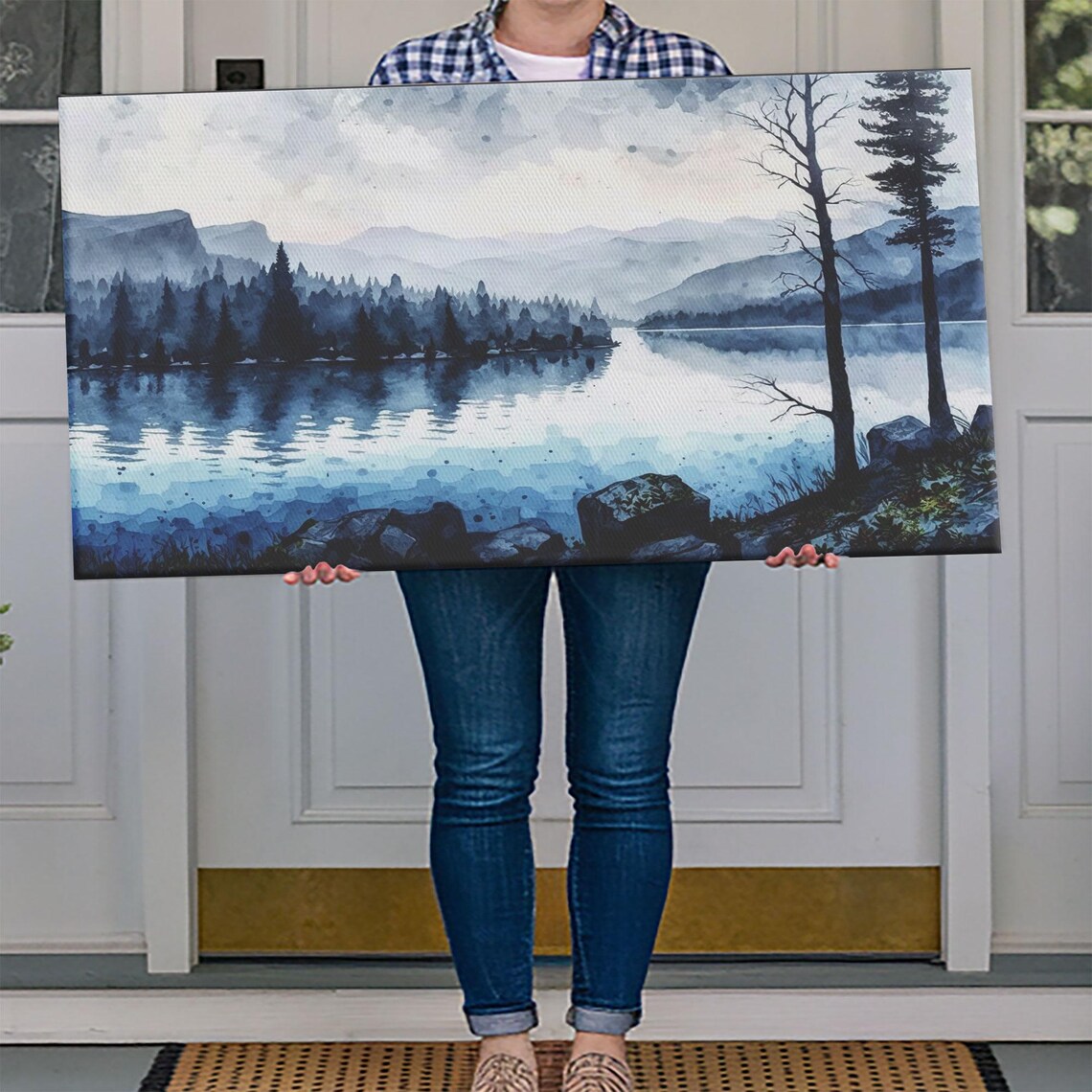 Blue Lagoon Watercolor Lake Misty Pine Mountains Calm Nature Poster - Image 4