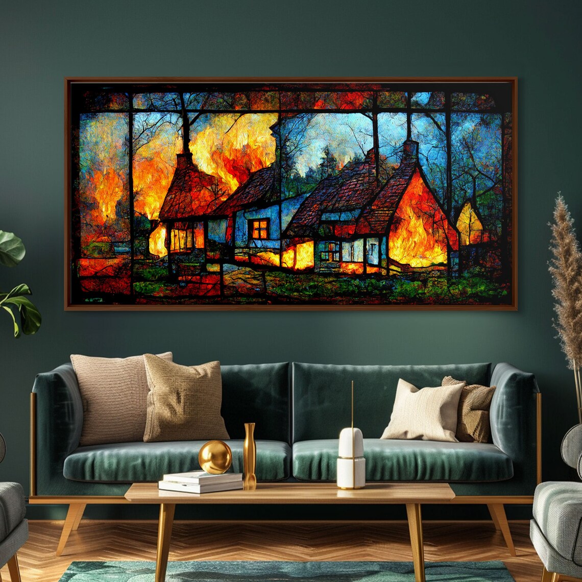 Stained Glass Cottage On Fire Print, Rustic Wall Art - Image 4