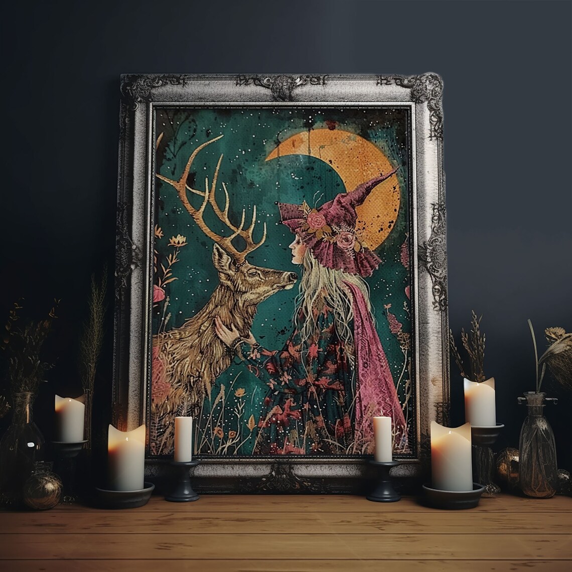 Gothic Witch With Turtle, Dark Forest Art Print