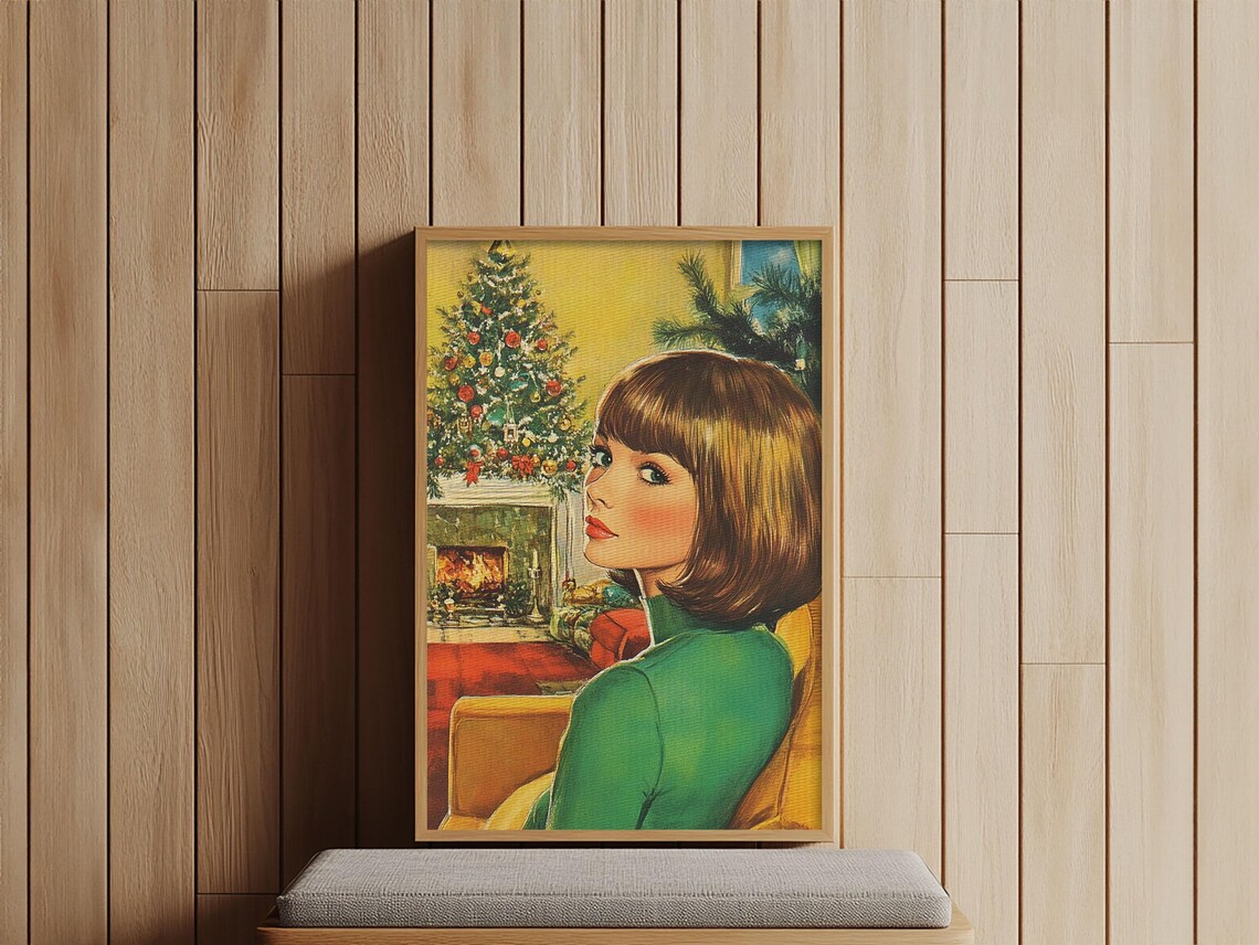 Retro 1950s Christmas Portrait Woman By Fireplace Vintage Holiday Art - Image 3