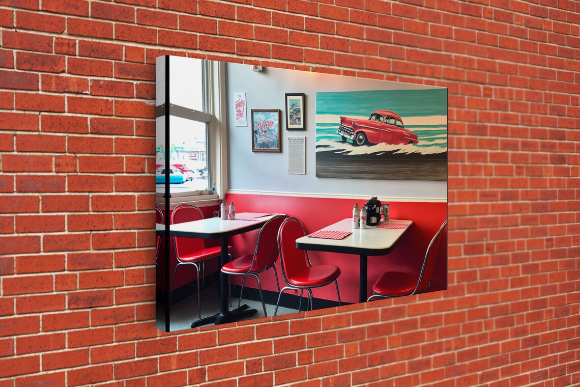 Retro American Diner Interior Red Booths Vintage Car Art Wall Poster - Image 3