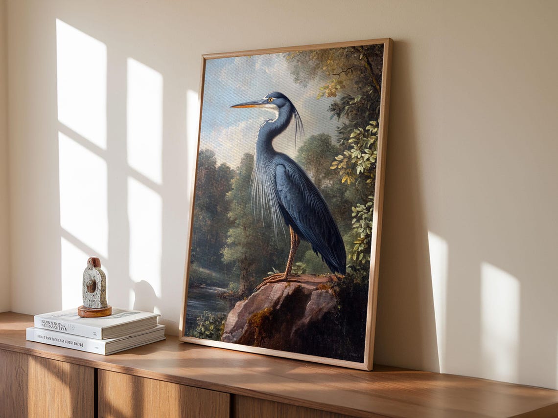 Great Blue Heron Standing on Rock River Landscape Wildlife Art Print - Image 2