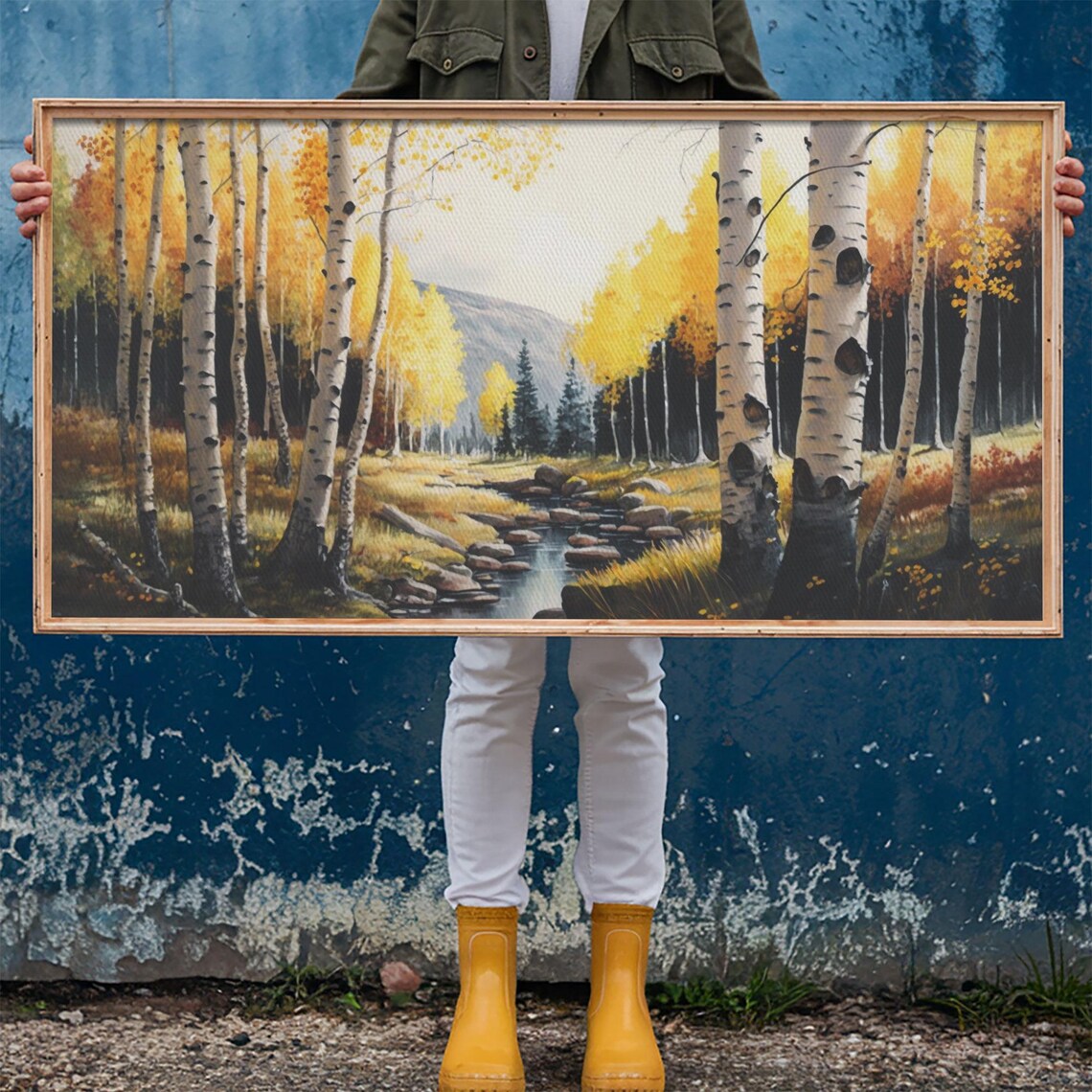 Golden Birch Forest Autumn Painting Mountain Stream Rocky Creek Poster - Image 6