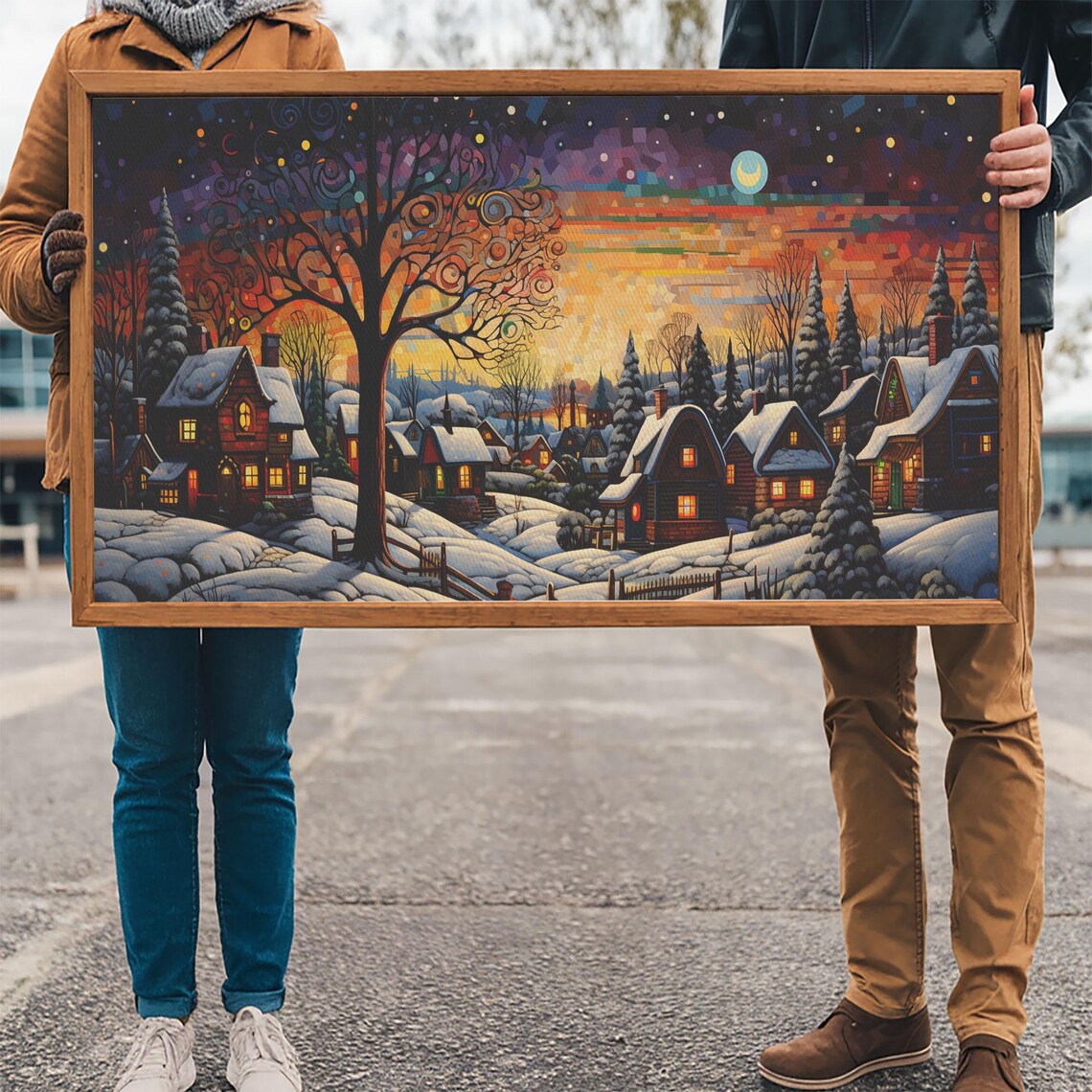 Whimsical Christmas Village At Night Under Swirling Starry Sky Poster - Image 3