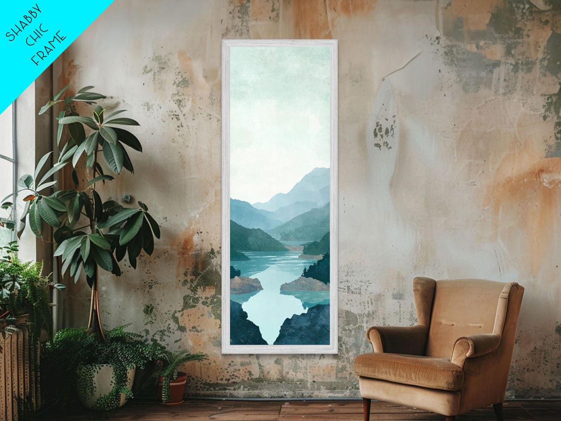Misty Blue Mountains Tranquil River Minimalist Nature Wall Poster - Image 6